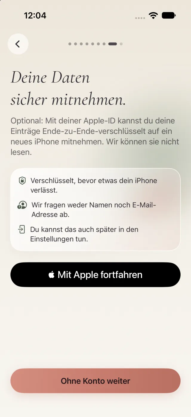 Onboarding-Schritt „Deine Daten sicher mitnehmen“: verschlüsselt, bevor etwas dein iPhone verlässt; optional mit Apple fortfahren oder ohne Konto weiter.