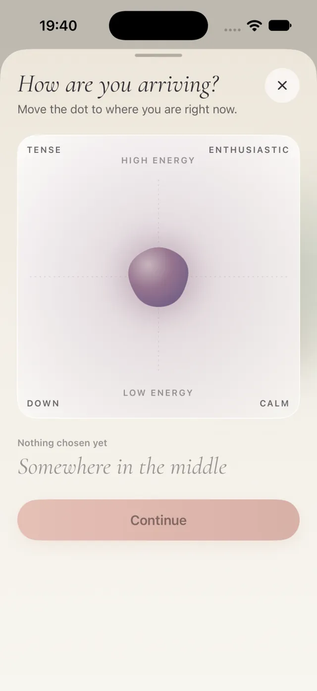 Check-in in the light day look: “How are you arriving?” – a dot on a field between tense and calm, high and low energy.