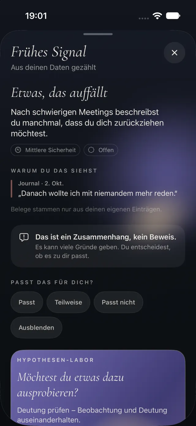 Rapport-Bildschirm „Frühes Signal“: ein mögliches Muster mit dem Abschnitt „Warum du das siehst“, einem Beleg aus dem Journal und den Antworten Passt, Teilweise, Passt nicht.