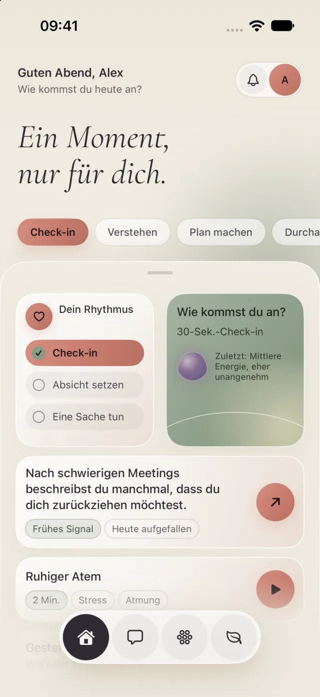 Startseite von Rapport im hellen Tages-Look: „Ein Moment, nur für dich.“ mit Check-in, Absicht und einer Sache für heute.